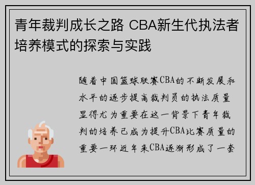 青年裁判成长之路 CBA新生代执法者培养模式的探索与实践